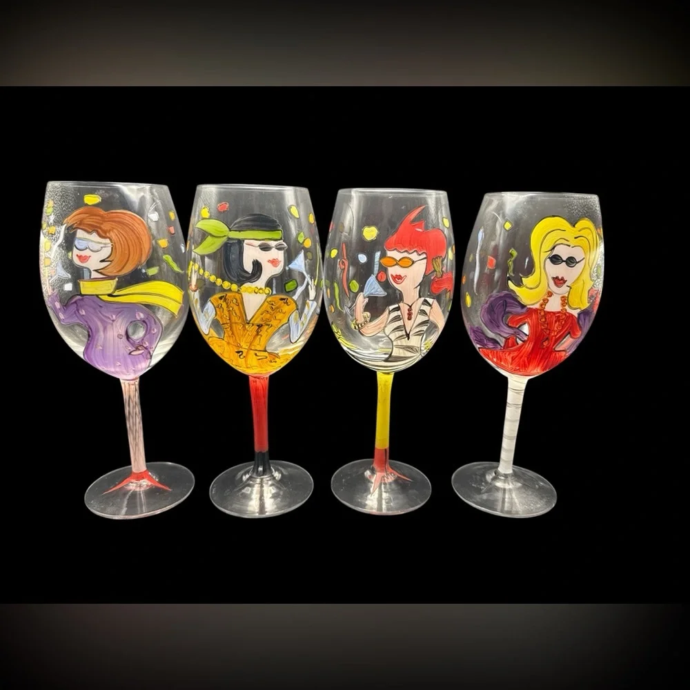 Vintage Hand Painted Whimsical Ladies Night Wine Glasses and Ice Bucket Set